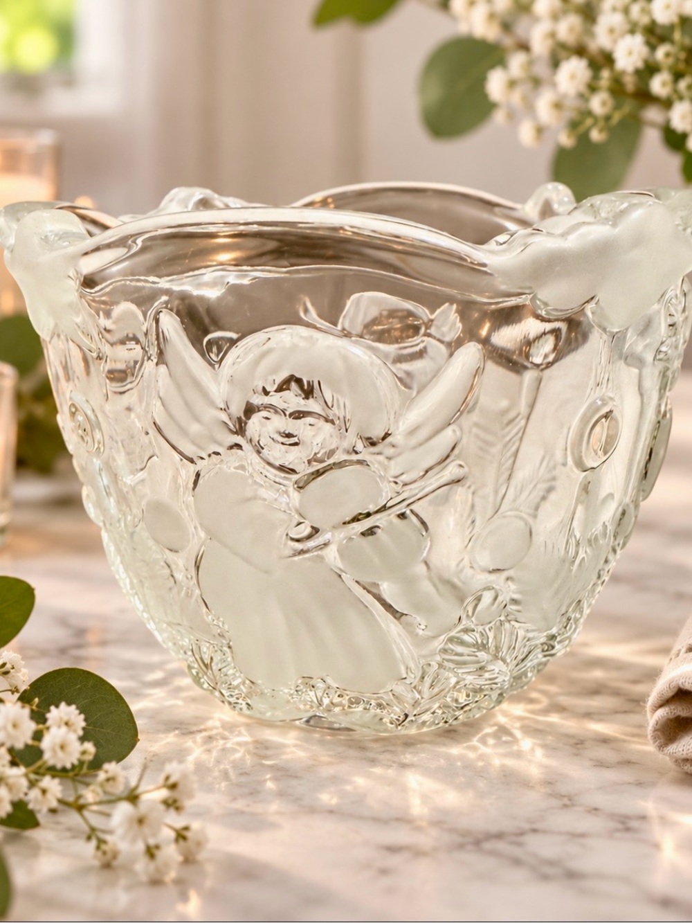 Vintage Mikasa Holiday Lights Frosted Crystal Cherub Angel Votive Candle Holder